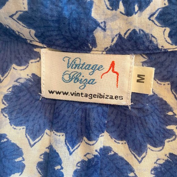Blue & White Patterned Blouse - Vintage Ibizq - Sz M - Picture 6 of 7